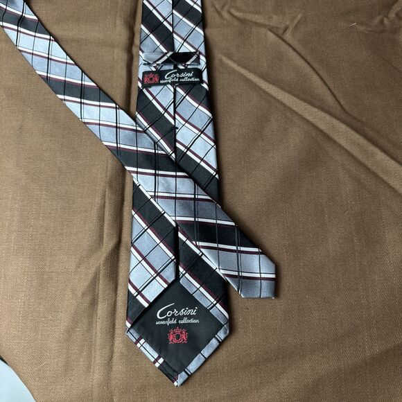 CORSINI Men's 7 Fold 100% Silk Tie Black Grey Burgundy Striped ~ Seven Fold Tie - Picture 3 of 11